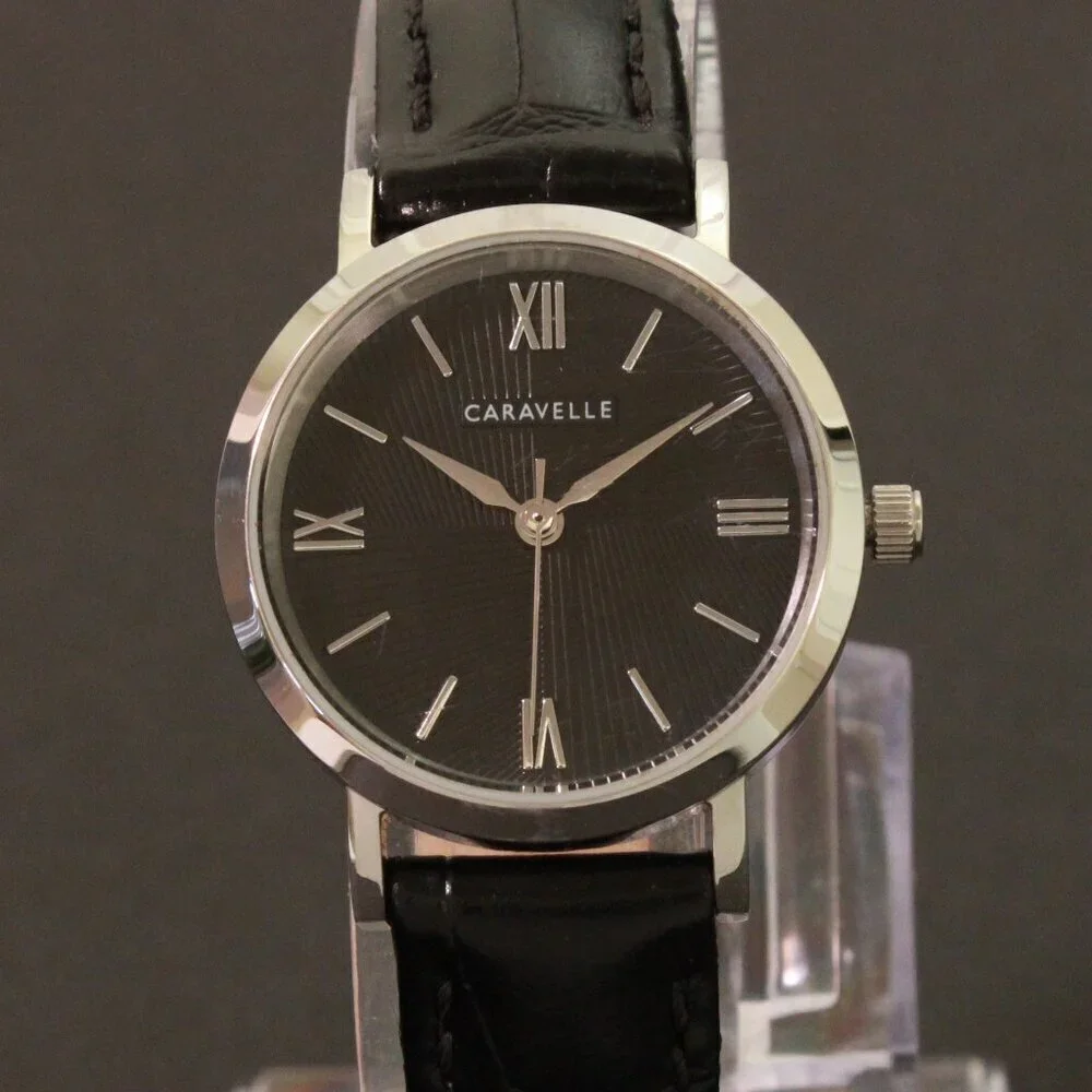 Caravelle Ladies Quartz Dress Watch By Bulova Black Textured Dial, Strap 28mm